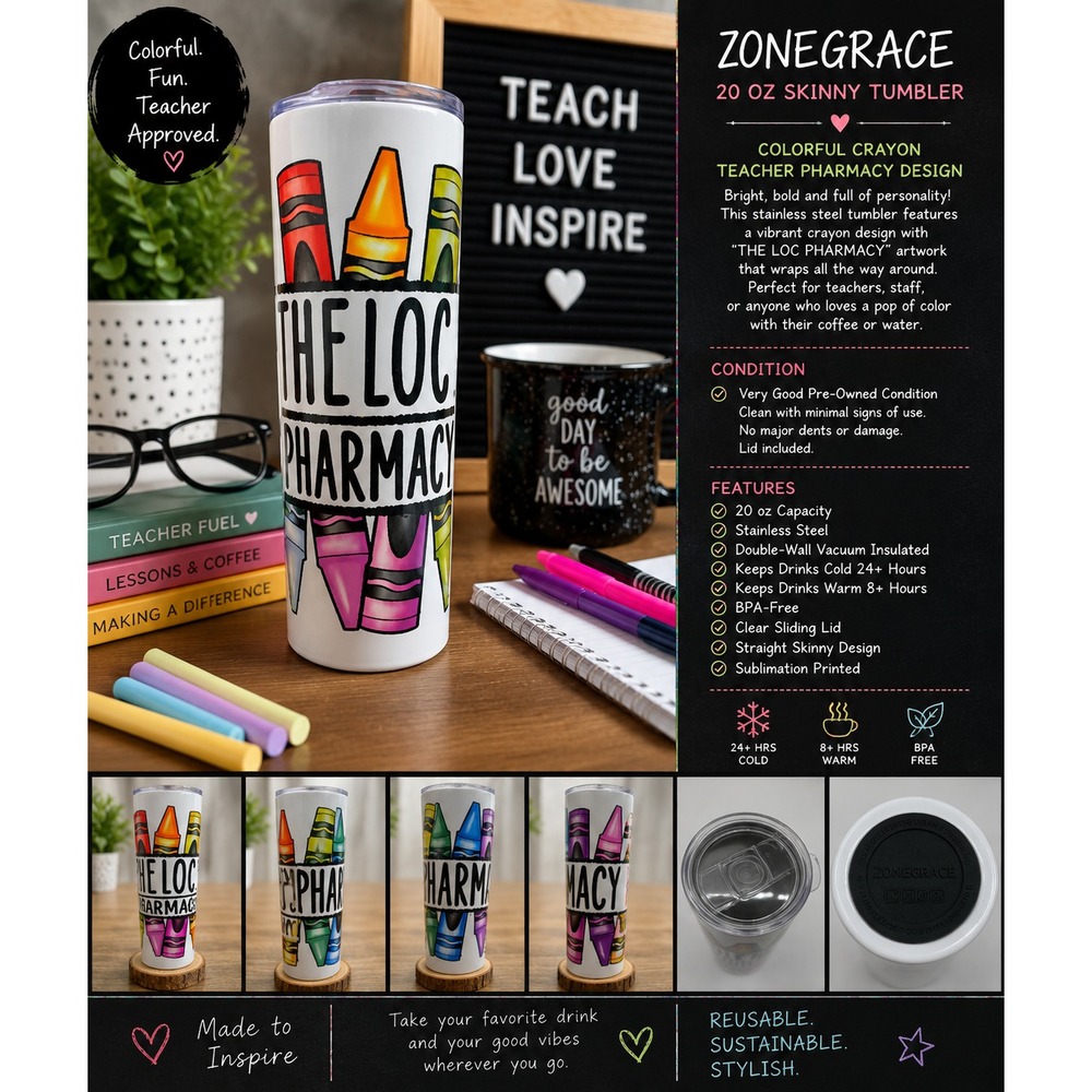 ZONEGRACE 20 oz Skinny Stainless Steel Tumbler Colorful Crayon Teacher Pharmacy